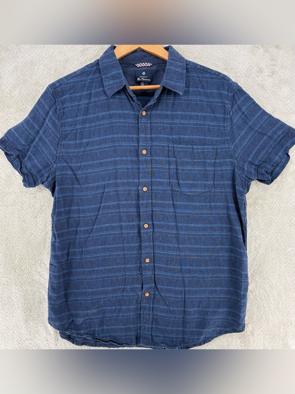 Ben Sherman Men’s XL Blue Plaid Short Sleeve Button Front Shirt Linen Blend